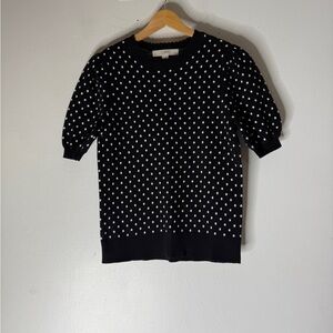 Loft Black White Polka Dot Short Sleeve Knit Top Medium Petite